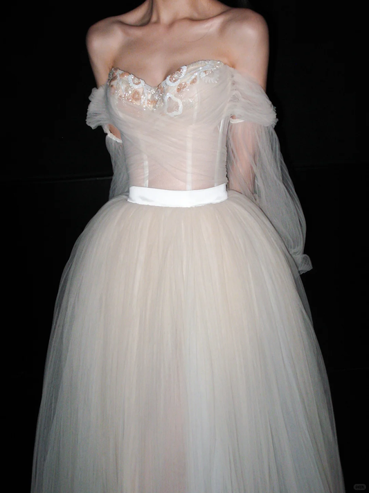 Dreamy A Line Long Sleeve Beaded Tulle Long Prom Dress Wedding Dress DP6364