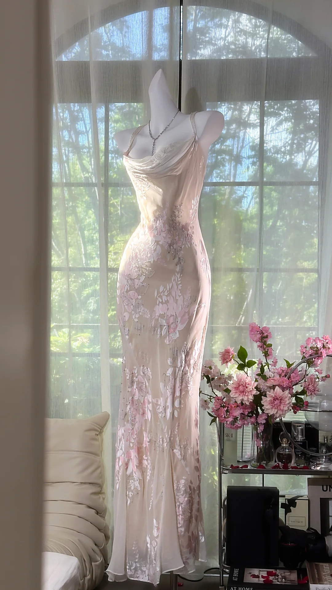 Beige Elegant Sheath Print Floral Chiffon Long Prom Dress Graduation Prom Dress DP4945