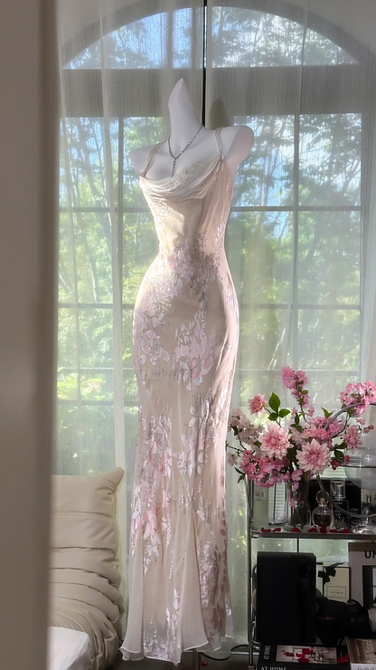 Beige Elegant Sheath Print Floral Chiffon Long Prom Dress Graduation Prom Dress DP4945