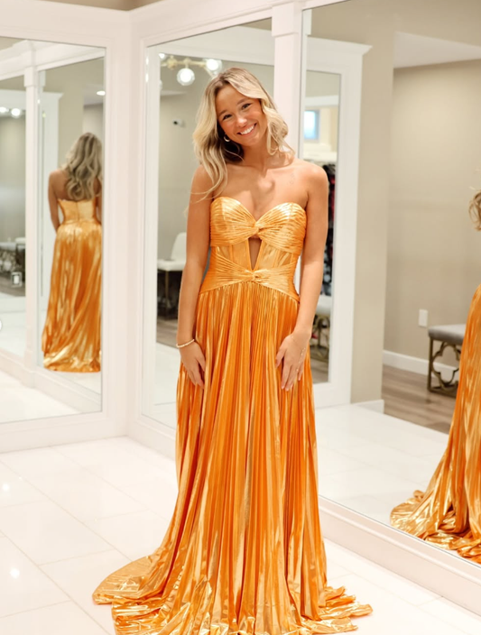 Stunning A Line Sweetheart Neck Orange Satin Long Prom Dress Evening Dress DP1852