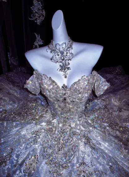 Stunning Exquisite Rhinestone Ball Gown Sequin Tulle Long Prom Dress Wedding Dress DP4636
