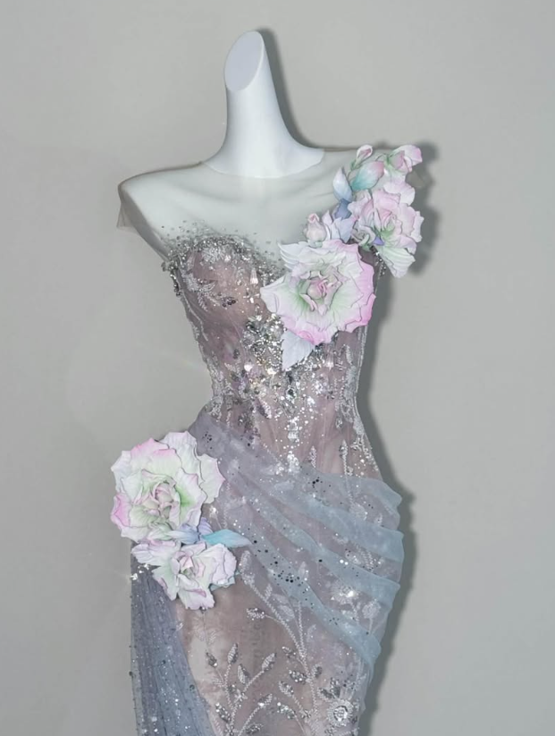 Gentle Blue Mermaid One Shoulder Exquisite 3D Floral Tulle Prom Dress Evening Dress DP6625