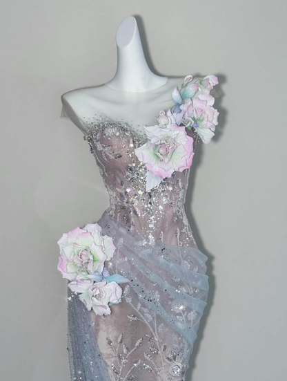 Gentle Blue Mermaid One Shoulder Exquisite 3D Floral Tulle Prom Dress Evening Dress DP6625