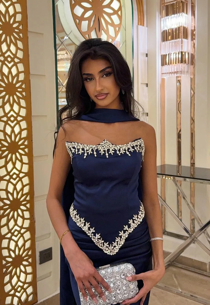 Navy Blue Sheath Strapless Exquisite Beaded Satin Prom Dress Evening Dress DP5028