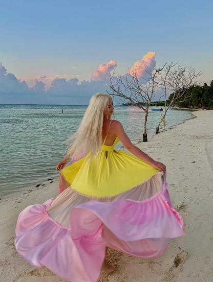 Pink Yellow A Line Spaghetti Strap Satin Vacation Dress Outfits DP3284
