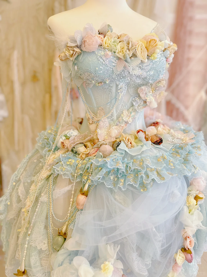 Baby Blue Ball Gown Sweetheart Neck Floral Beaded Tulle Short Prom Dress 18th Birthday Dress DP4150