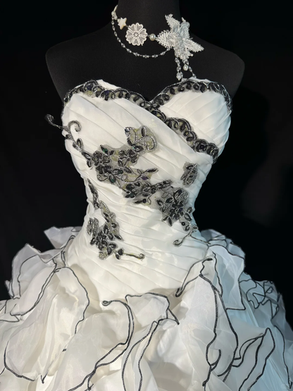 Vintage A Line Sweetheart Neck Appliques Layered Organza Prom Dress Evening Dress DP5226