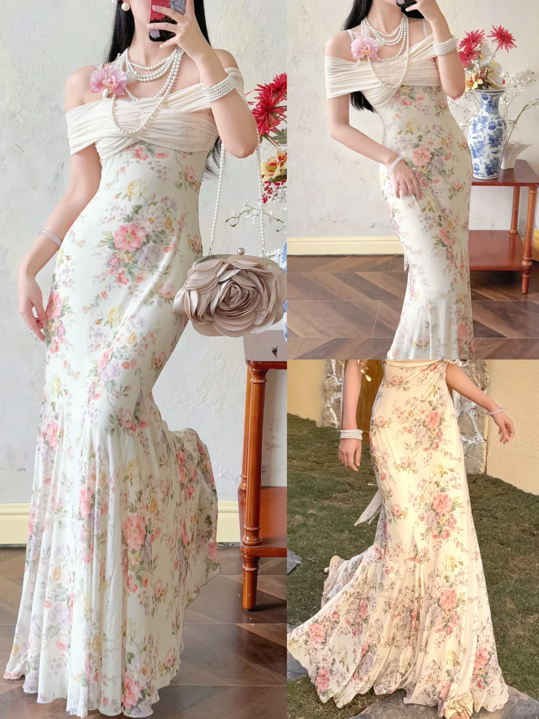 Gentle Print Floral Mermaid Off the Shoulder Ivory Chiffon Prom Dress Evening Dress DP6457