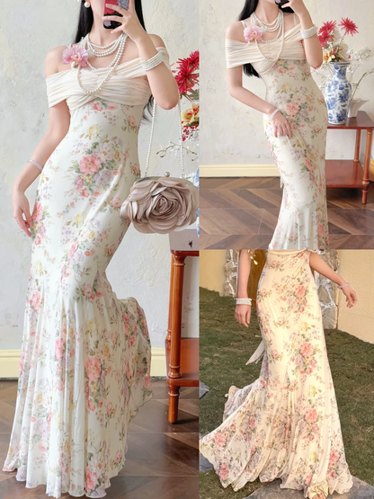 Gentle Print Floral Mermaid Off the Shoulder Ivory Chiffon Prom Dress Evening Dress DP6457