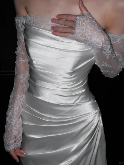 Gentle Mermaid Long Sleeve White Lace Satin Long Wedding Dress Prom Dress DP4410