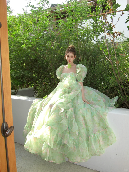 Green Ball Gown Puff Print Floral Ruffle Chiffon Long Party Dress Birthday Dress DP2418