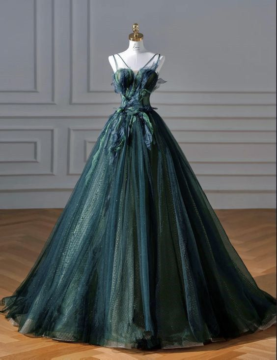 Elegant A LineTulle Long Prom Dress Dark Green Ball Gown DP151