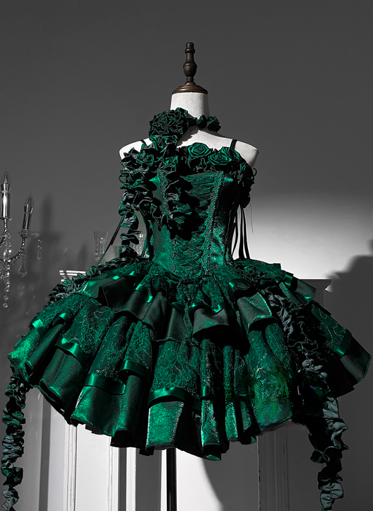 Red Roses Neckline Lolita Goth Boning Dress Sequins Tiered Ruffle Dress DP4068