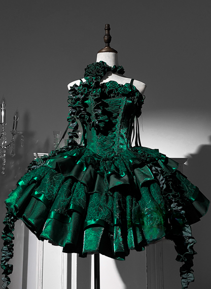 Red Roses Neckline Lolita Goth Boning Dress Sequins Tiered Ruffle Dress DP4068