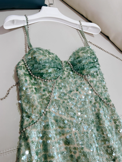Green A Line Spaghetti Straps Beaded Sequin Prom Dress Outfits DP4481