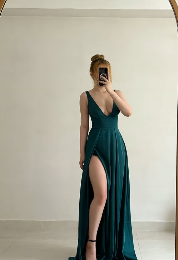 Simple Hunter Green A Line V Neck Satin Prom Dress Evening Dress with Slit DP6145