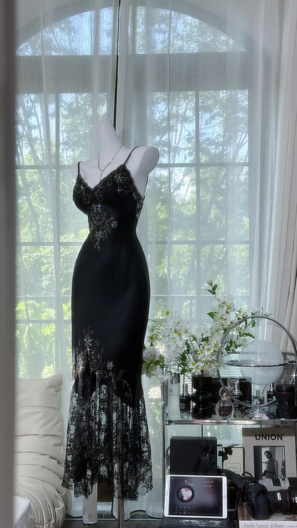Sexy Vintage Black Mermaid Straps Beaded Lace Satin Prom Dress DP4946