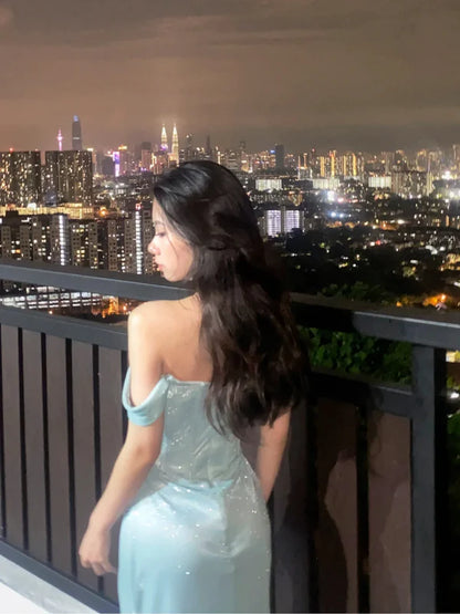 Baby Blue A Line Off the Shoulder Sequin Satin Long Prom Dress Graduation Prom Dress DP2881