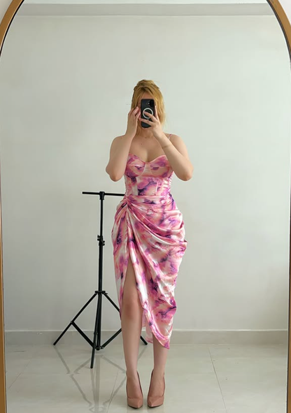 Cute Pink Print Floral Sheath Sweetheart Neck Satin Prom Dress Evening Dress DP6141