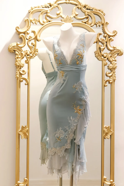 Baby Blue Sheath V Neck Appliques Chiffon Satin Short Prom Dress Homecoming Dress DP5434