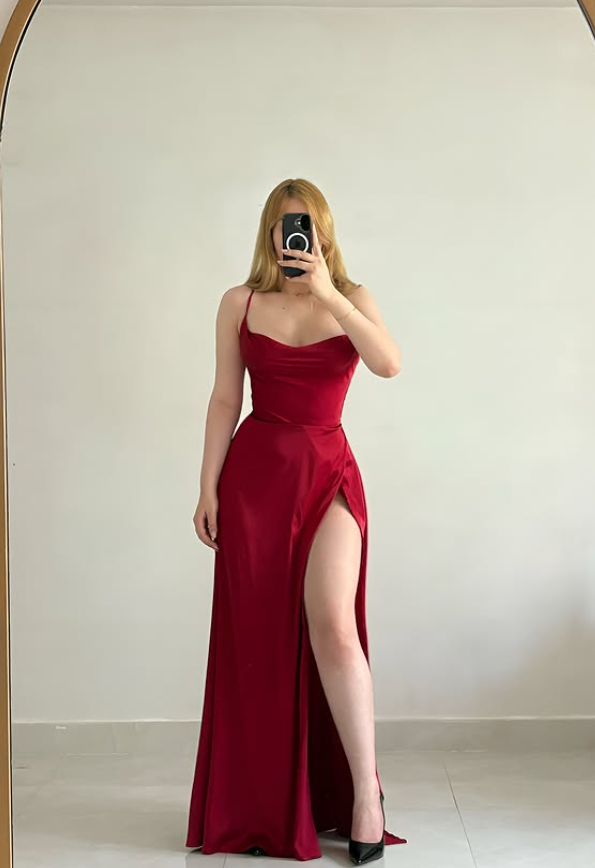 Sexy Red A Line Spaghetti Straps Satin Prom Dress Evening Dress with Slit DP6142