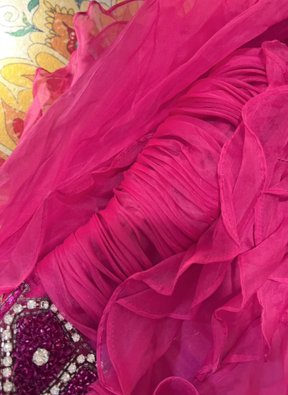 Hot Pink Mermaid Straps Beaded Ruffle Organza Long Prom Dress Date Dress DP4272