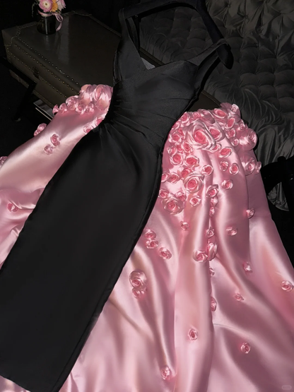 Elegant Sheath Strap Pink Flower Black Satin Prom Dress Evening Dress DP1949