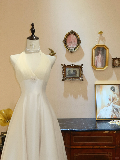 Elegant A Line Halter Ivory Satin Long Prom Dress Wedding Dress DP6990