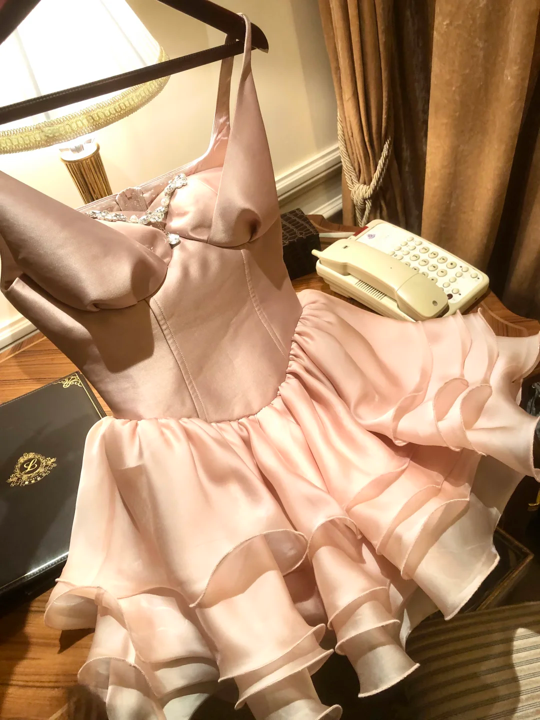 Princess A Line Straps Pink Satin Layered Chiffon Short Prom Dress Homecoming Dress DP5466