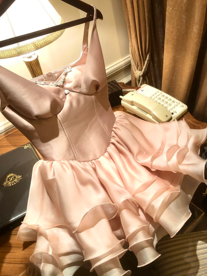 Princess A Line Straps Pink Satin Layered Chiffon Short Prom Dress Homecoming Dress DP5466