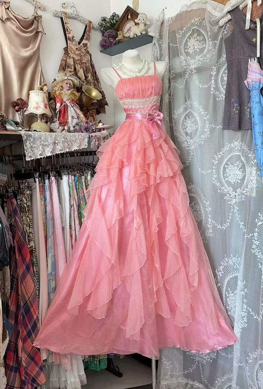 Vintage Light Pink A Line Straps Ruffle Chiffon Satin Prom Dress Evening Dress DP5238