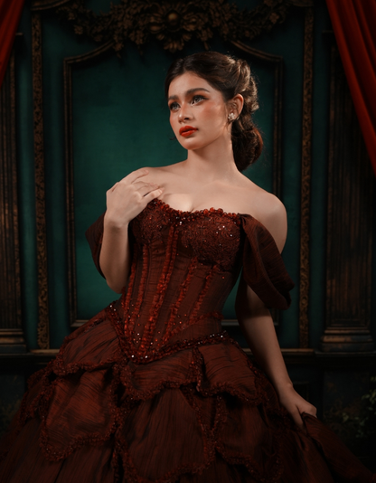 Burgundy Ball Gown Off the Shoulder Layered Beaded Satin 16th Birthday Dress Quinceanera Dress DP4438