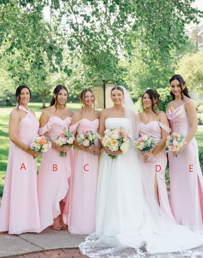 Gentle Light Pink A Line Off the Shoulder Ruffle Chiffon Bridesmaid Dress Prom Dress with Slit DP4980