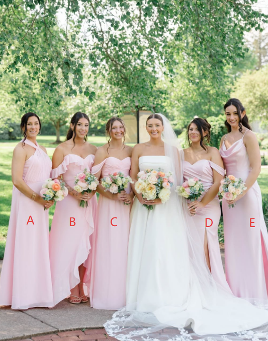 Gentle Light Pink A Line Off the Shoulder Ruffle Chiffon Bridesmaid Dress Prom Dress with Slit DP4980