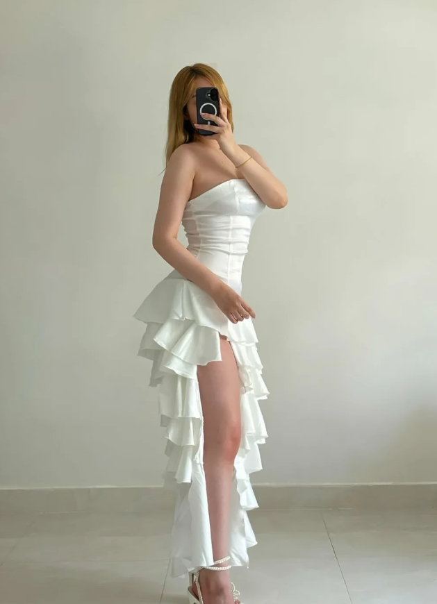 Simple A Line Strapless Layered White Satin Slit Prom Dress Evening Dress DP5263
