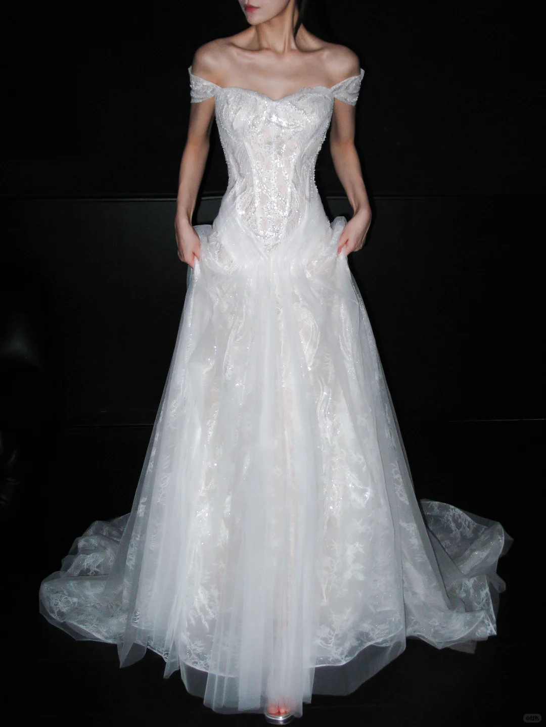 Dreamy A Line Off the Shoulder White Beaded Lace Tulle Long Train Wedding Dress DP8101