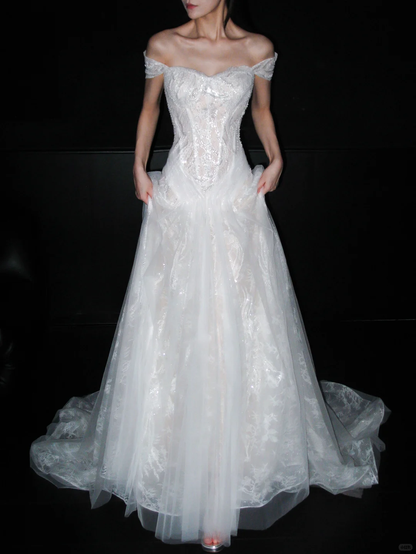 Dreamy A Line Off the Shoulder White Beaded Lace Tulle Long Train Wedding Dress DP8101