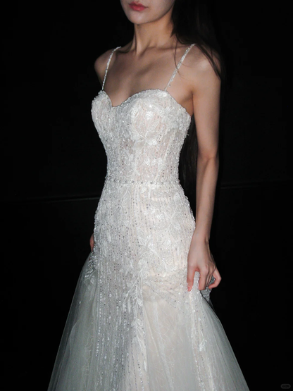 Fairy A Line Spaghetti Strap White Beaded Sequin Tulle Long Wedding Dress DP8113