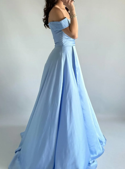 Simple Baby Blue A Line Off the Shoulder Satin Slit Prom Dress Evening Dress DP5260
