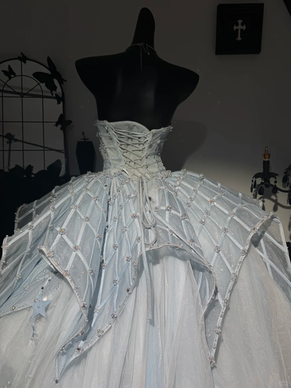 Luxurious Baby Blue Ball Gown Strapless Beaded Tulle Prom Dress Evening Dress DP6985