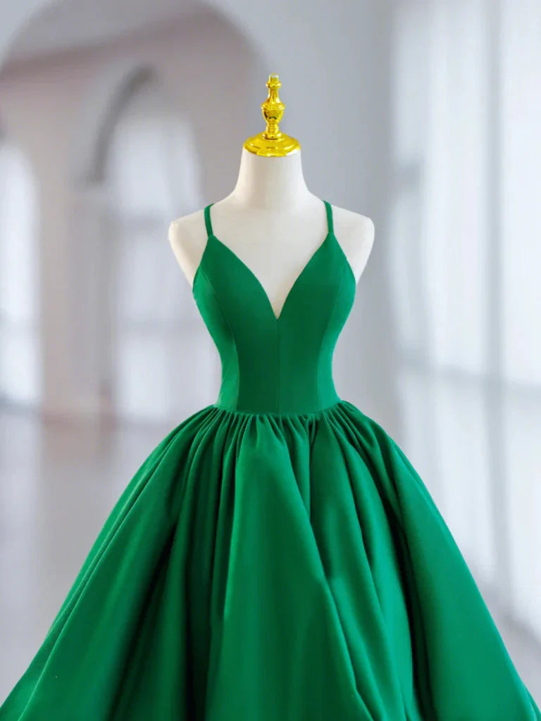 A Line V Neck Green Satin Short Prom Dresses Homecoming Dresses DP860