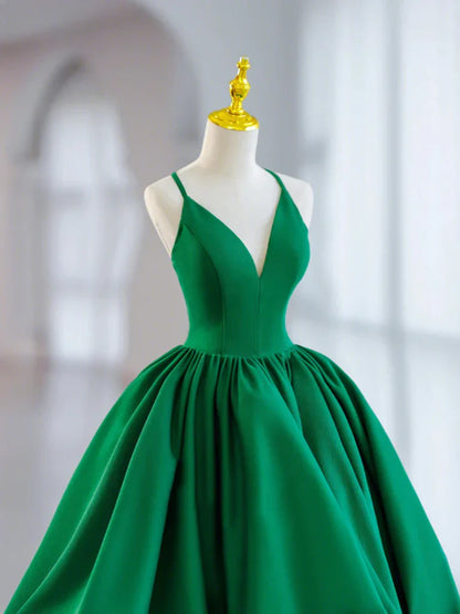 A Line V Neck Green Satin Short Prom Dresses Homecoming Dresses DP860