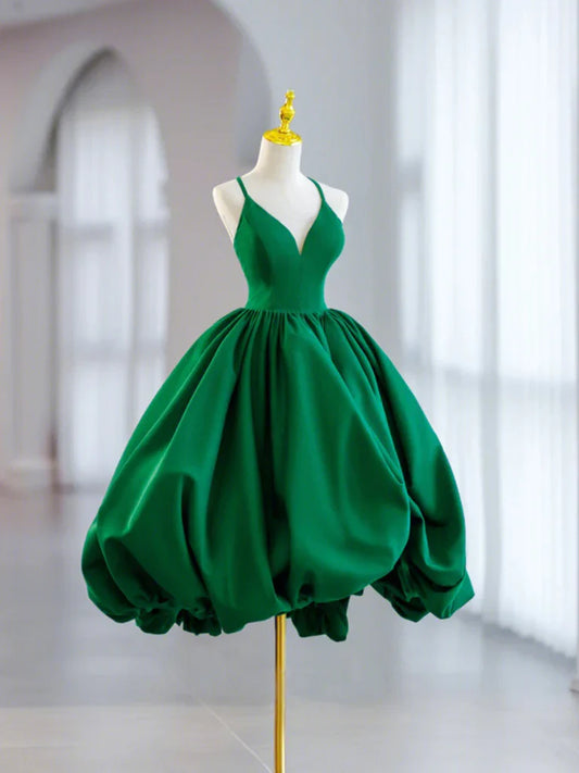 A Line V Neck Green Satin Short Prom Dresses Homecoming Dresses DP860