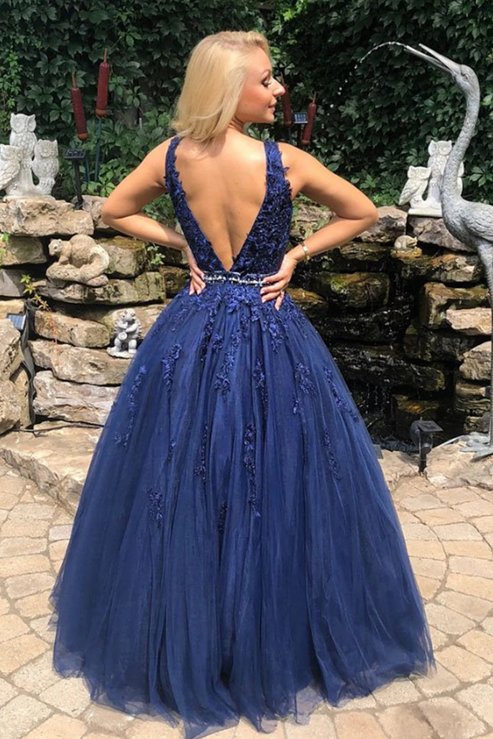 V Neck Open Back Blue Lace Long Prom Dresses Evening Dresses DP1081