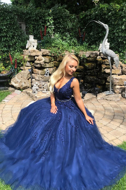 V Neck Open Back Blue Lace Long Prom Dresses Evening Dresses DP1081