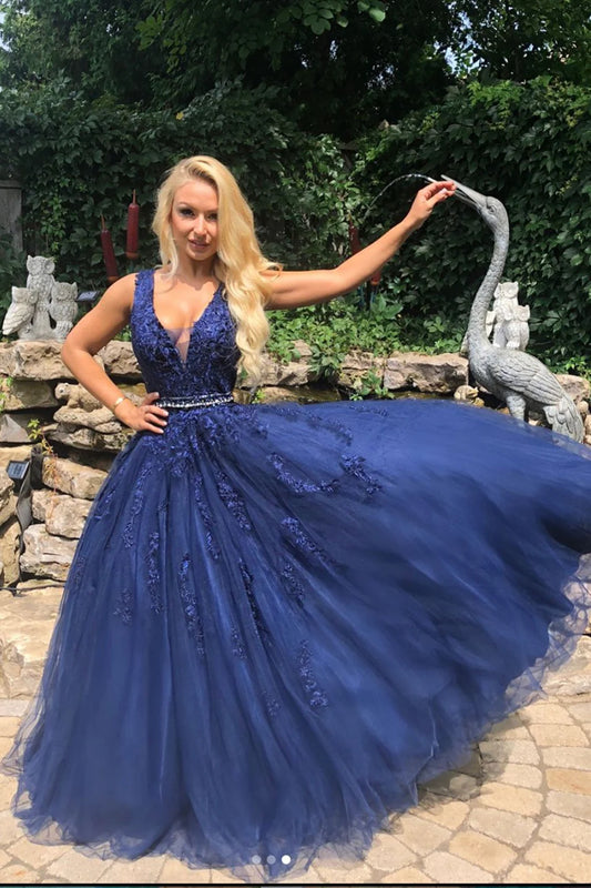V Neck Open Back Blue Lace Long Prom Dresses Evening Dresses DP1081