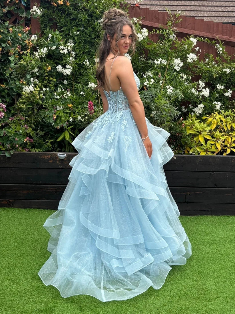 Baby Blue A Line Spaghetti Strap Lace Ruffle Tulle Evening Dress Prom Dress DP7661