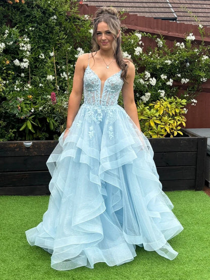 Baby Blue A Line Spaghetti Strap Lace Ruffle Tulle Evening Dress Prom Dress DP7661