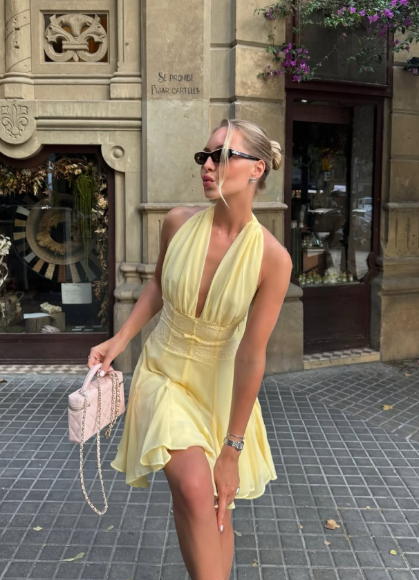 Yellow A Line V Neck Lace Chiffon Short Prom Dress Homecoming Dress DP5696