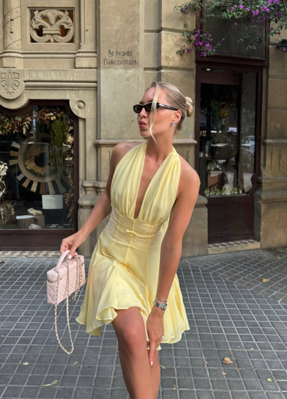 Yellow A Line V Neck Lace Chiffon Short Prom Dress Homecoming Dress DP5696
